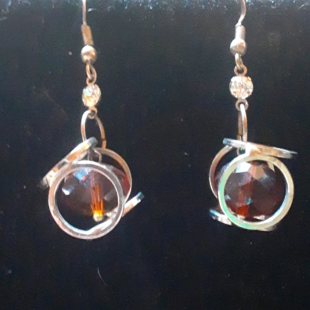 Elegant Silver Tone and Amber Colored Bead Earrings